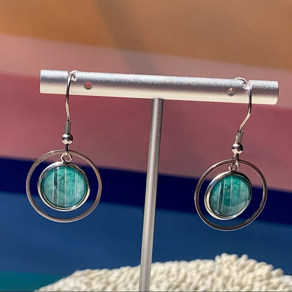 Marine Blue & Green Striped Earrings, Handmade,NWT
